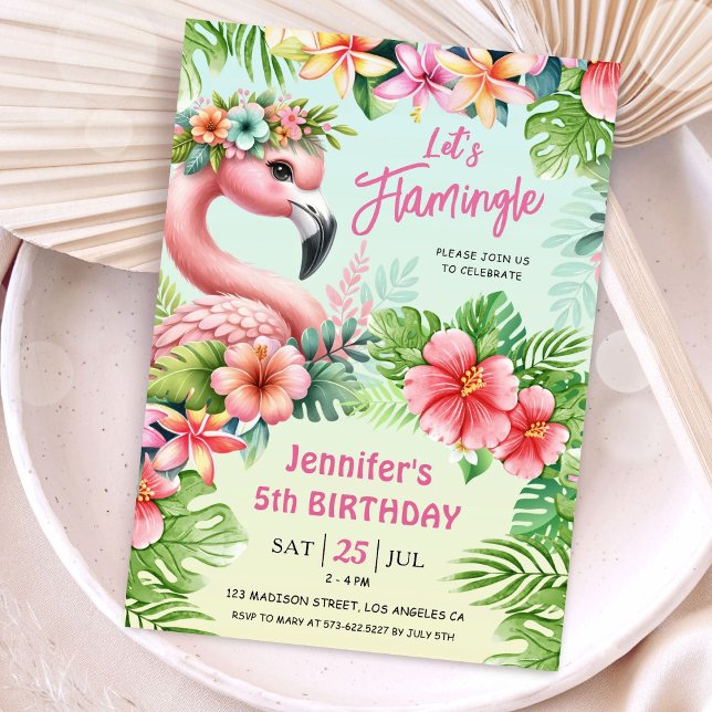 Let’s Flamingle Girls Pink Flamingo 5th Birthday  Invitation (Creator Uploaded)