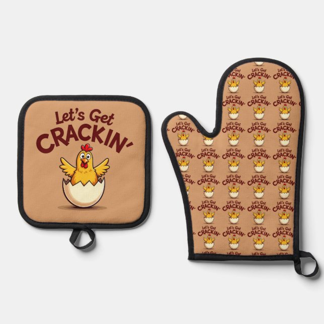 Let’s Get Crackin’ Funny Chicken Farm Pun Oven Mitt & Pot Holder Set (Front)