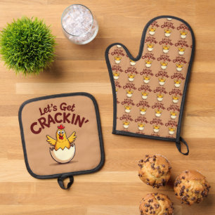 Let’s Get Crackin’ Funny Chicken Farm Pun Oven Mitt & Pot Holder Set