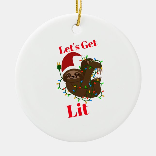 Let’s Get Lit Christmas Sloth Ceramic Tree Decoration (Front)