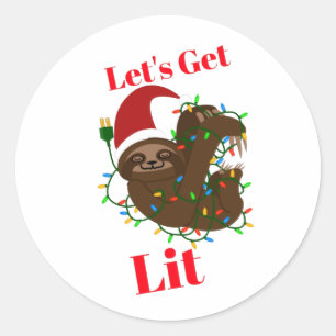 Let’s Get Lit Christmas Sloth  Classic Round Sticker