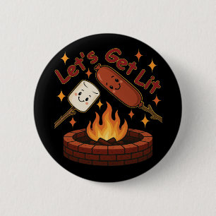 Let’s Get Lit Firepit – Cute Marshmallow & Hot Dog 6 Cm Round Badge