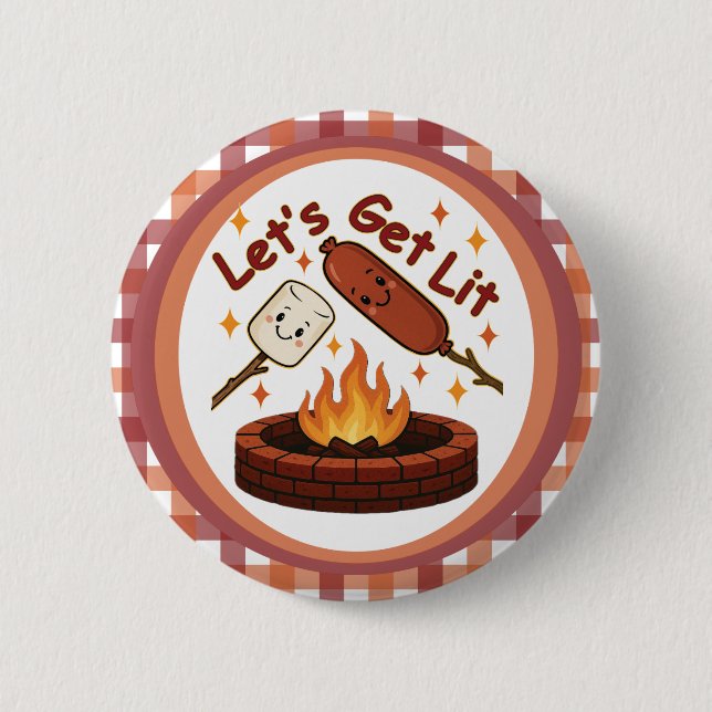 Let’s Get Lit Firepit – Cute Marshmallow & Hot Dog 6 Cm Round Badge (Front)
