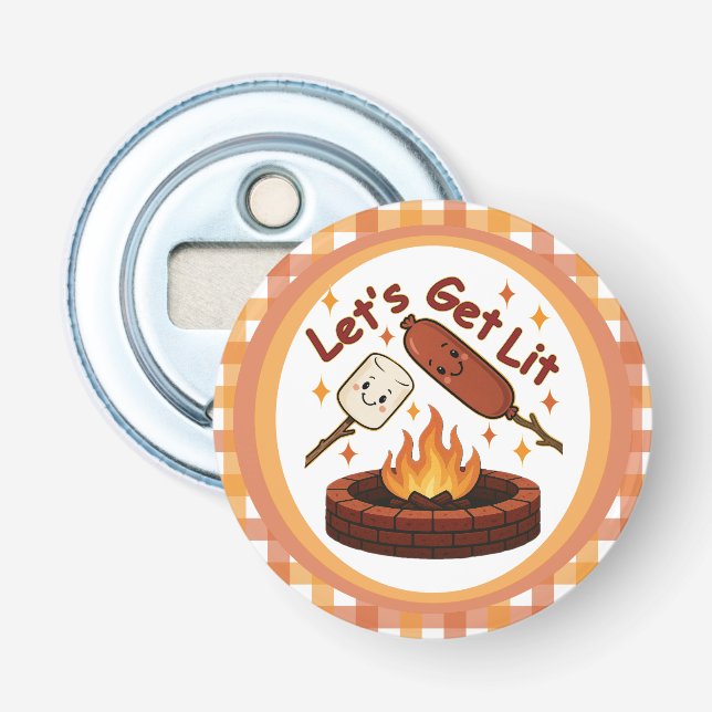 Let’s Get Lit Firepit – Cute Marshmallow & Hot Dog Bottle Opener (Front)
