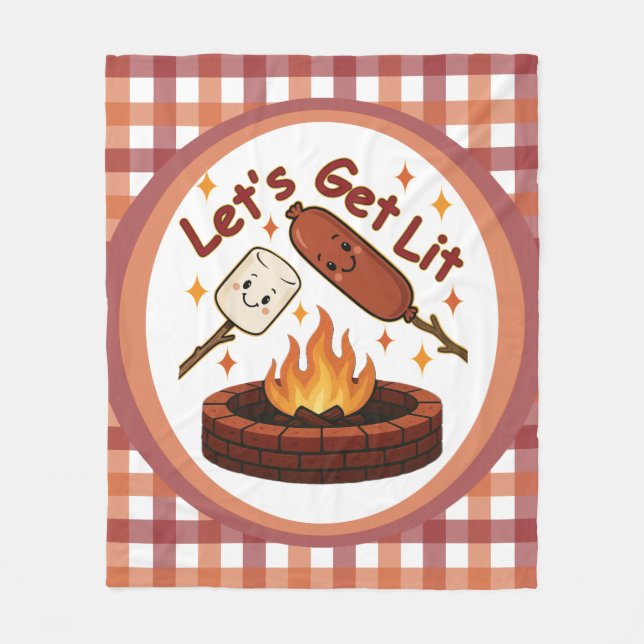 Let’s Get Lit Firepit – Cute Marshmallow & Hot Dog Fleece Blanket (Front)