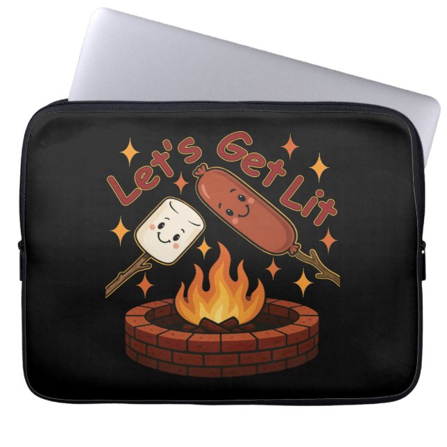 Let’s Get Lit Firepit – Cute Marshmallow & Hot Dog Laptop Sleeve (Front)