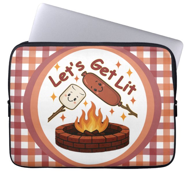 Let’s Get Lit Firepit – Cute Marshmallow & Hot Dog Laptop Sleeve (Front)
