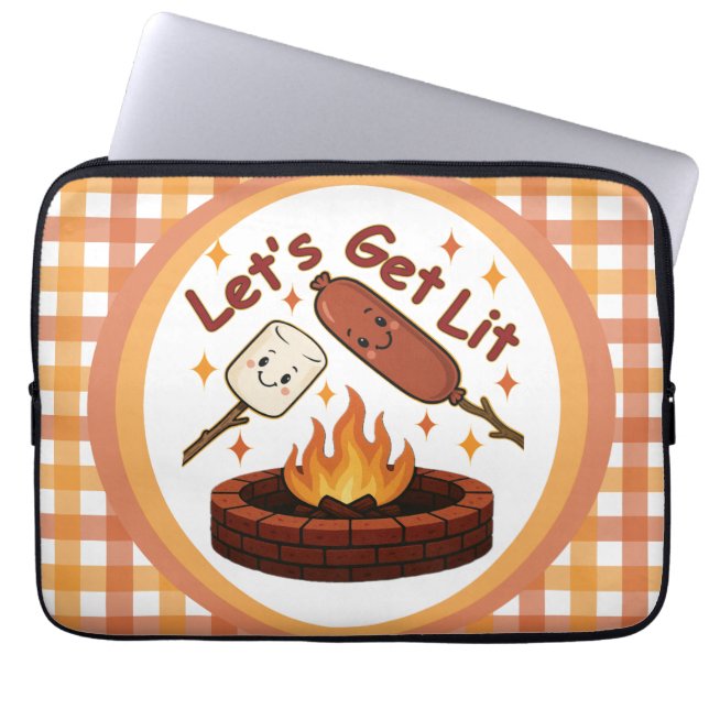 Let’s Get Lit Firepit – Cute Marshmallow & Hot Dog Laptop Sleeve (Front)