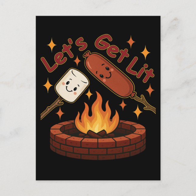 Let’s Get Lit Firepit – Cute Marshmallow & Hot Dog Postcard (Front)