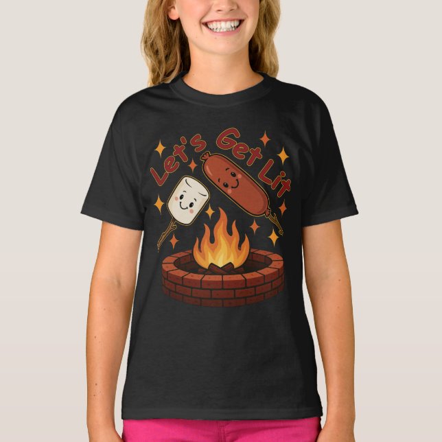 Let’s Get Lit Firepit – Cute Marshmallow & Hot Dog T-Shirt (Front)