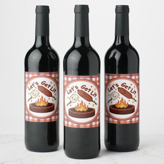 Let’s Get Lit Firepit – Cute Marshmallow & Hot Dog Wine Label (Bottles)