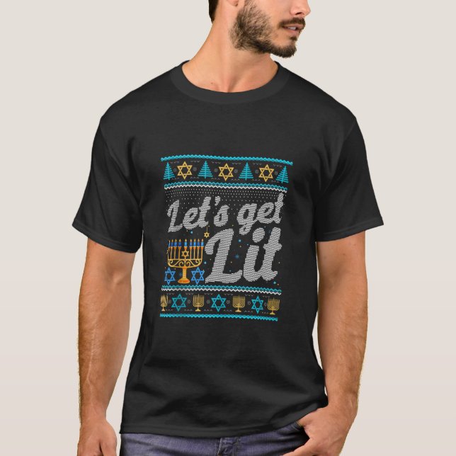 Let s Get Lit Hanukkah Jew Menorah Jewish Chanukka T-Shirt (Front)