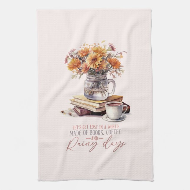 Let’s Get Lost – Books, Coffee & Rain Rustic Tea Towel (Vertical)