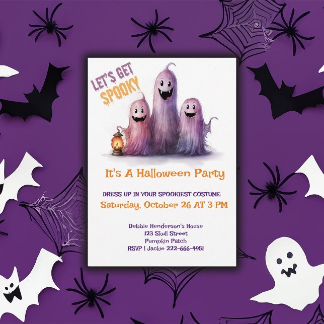 Let’s Get Spooky Purple Ghosts Halloween Party Invitation (Creator Uploaded)