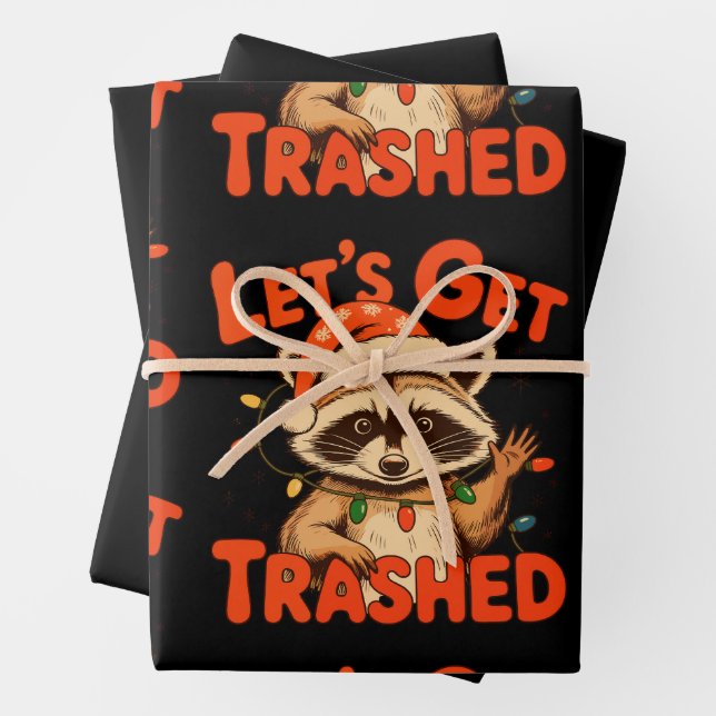 Let’s Get Trashed Christmas Racoon Feral Xmas Wrapping Paper Sheet (In situ)