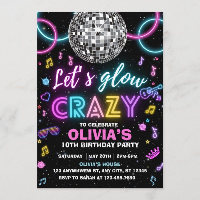 Let’s Glow Crazy disco party Invitation (Front)