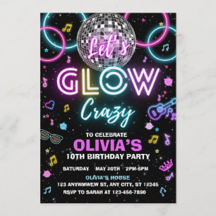 Let’s Glow Crazy disco party invite - disco ball 