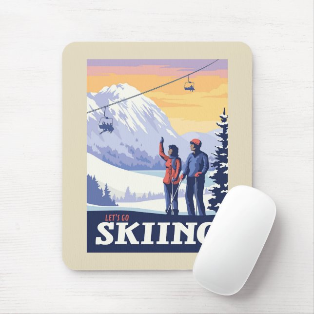 Let’s Go Skiing Vintage Print Mouse Pad (With Mouse)