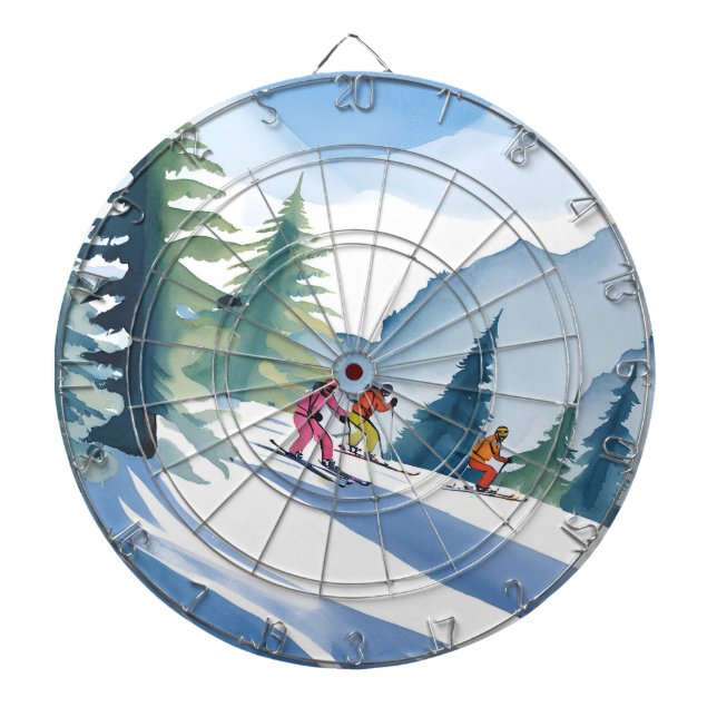 Let’s Go Skiing | Winter Watercolor Painting Dartboard (Front)