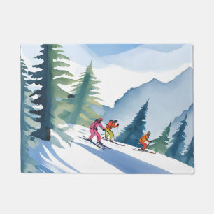 Let’s Go Skiing   Winter Watercolor Painting Doormat