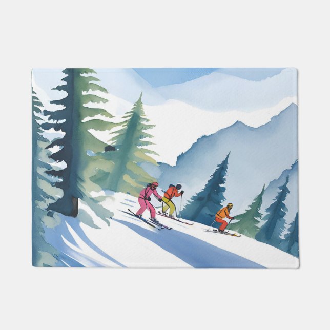 Let’s Go Skiing | Winter Watercolor Painting Doormat (Front)