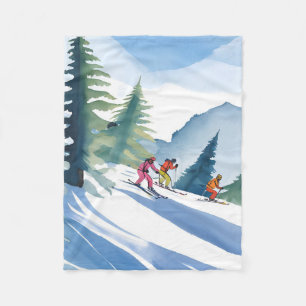 Let’s Go Skiing   Winter Watercolor Painting Fleece Blanket