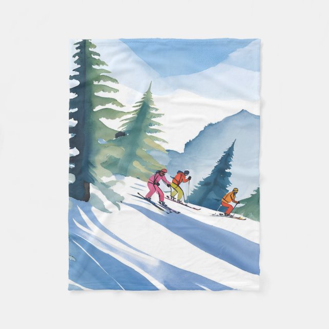 Let’s Go Skiing | Winter Watercolor Painting Fleece Blanket (Front)