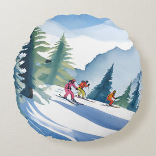 Let’s Go Skiing Winter Watercolor Painting Round Cushion