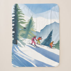 Let’s Go Skiing Winter Watercolor Painting Sherpa Blanket