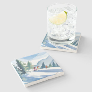 Let’s Go Skiing Winter Watercolor Painting Stone Coaster