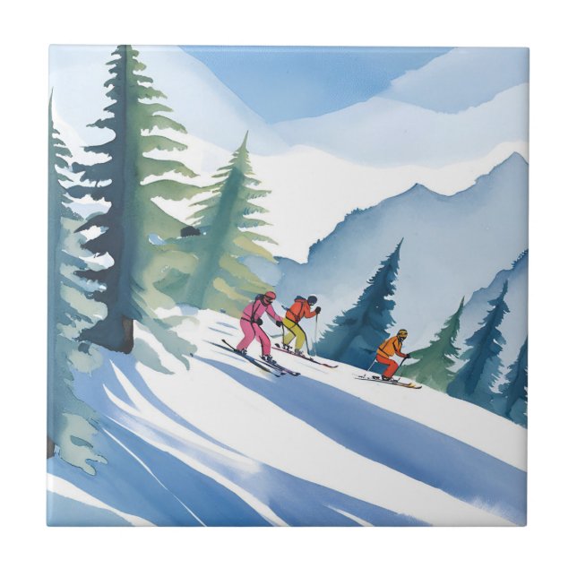 Let’s Go Skiing | Winter Watercolor Painting Tile (Front)