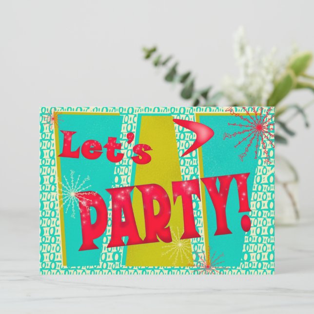 Let’s Party! Bold Retro Turquoise Invitation (Standing Front)
