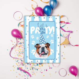 Let`s pawty bulldog illustration blue Birthday Inv Postcard