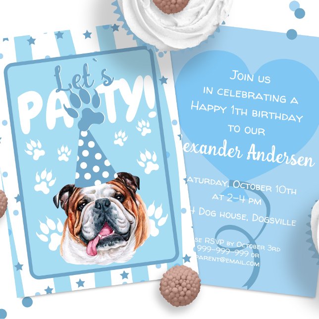 Let`s pawty bulldog illustration blue Birthday Invitation (Creator Uploaded)