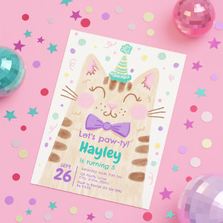 Let’s Pawty Cute Kitty Cat Face Birthday Party Invitation