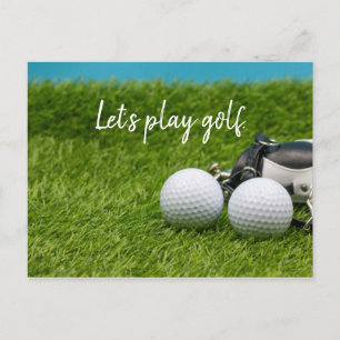 Let’s play golf with golf ball on green grass postcard