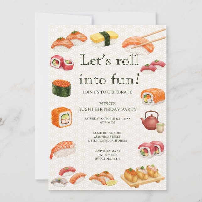 Let’s Roll into Fun! Sushi Birthday Party Invitati Invitation (Front)
