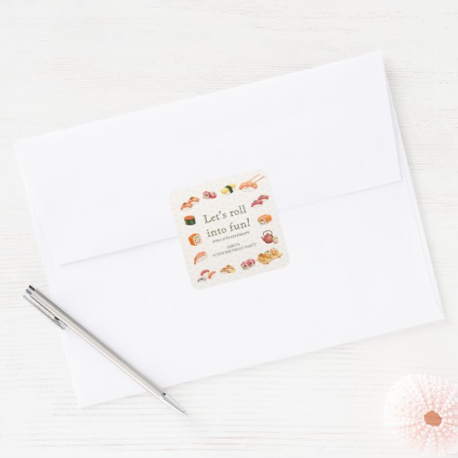 Let’s Roll into Fun! Sushi Birthday Party Invitati Square Sticker (Envelope)