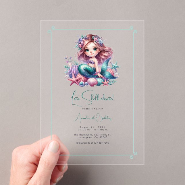 Let’s Shell-ebrate Under the Sea Mermaid Birthday Acrylic Invitations (Insitu (Handheld))