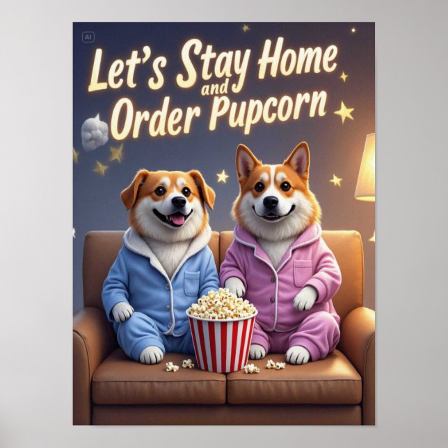Let’s Stay Home and Order Pupcorn Cartoon dogs  Poster (Front)
