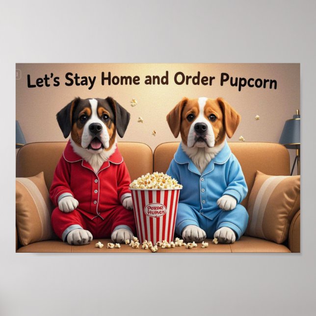 Let’s Stay Home and Order Pupcorn Cartoon dogs Poster (Front)