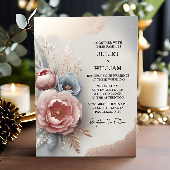 Let Silk Pink Boho Peony Garden Dusty Rose Wedding Invitation (Creator Uploaded)