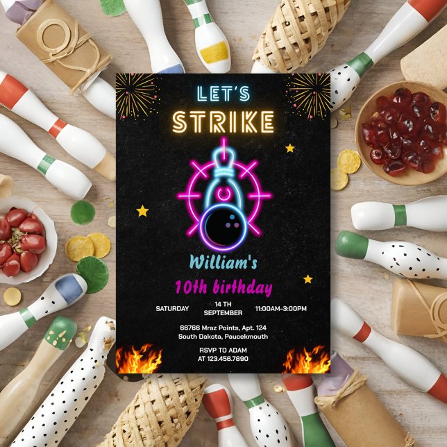Let Strike cool blue sports Bowling 10th Birthday Invitation (Creator Uploaded)
