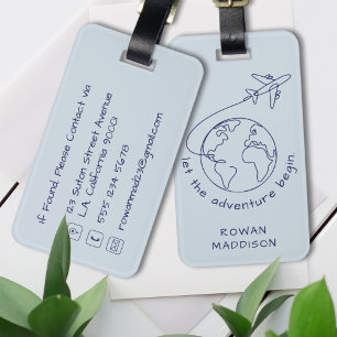 Let the adventure begin airplane line art blue luggage tag