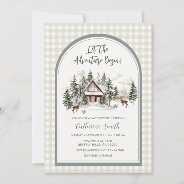  Let The Adventure Begin Arch Gingham Baby Shower Invitation (Front)