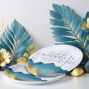 Let The Adventure Begin Blue Gold Mountain Wedding Paper Plate