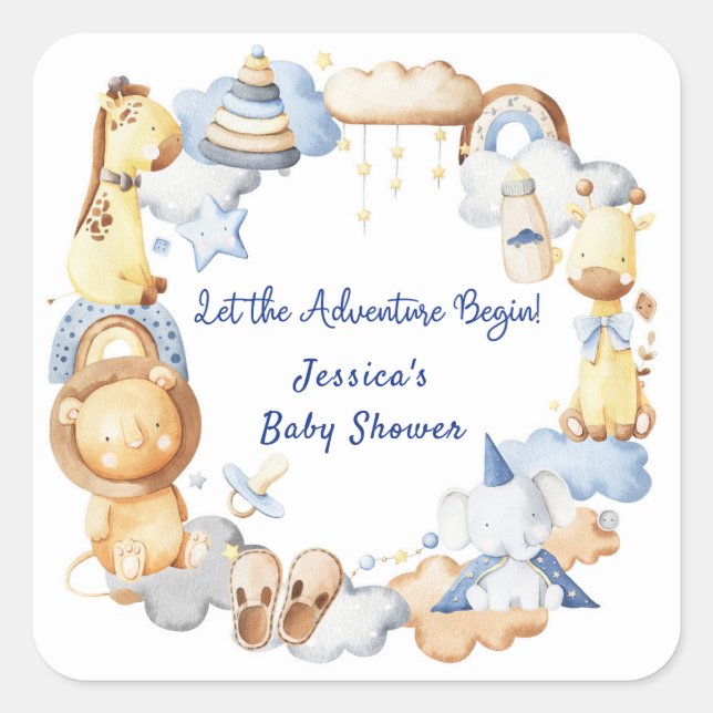 Let the Adventure Begin Boy Baby Toy Baby Shower Square Sticker (Front)