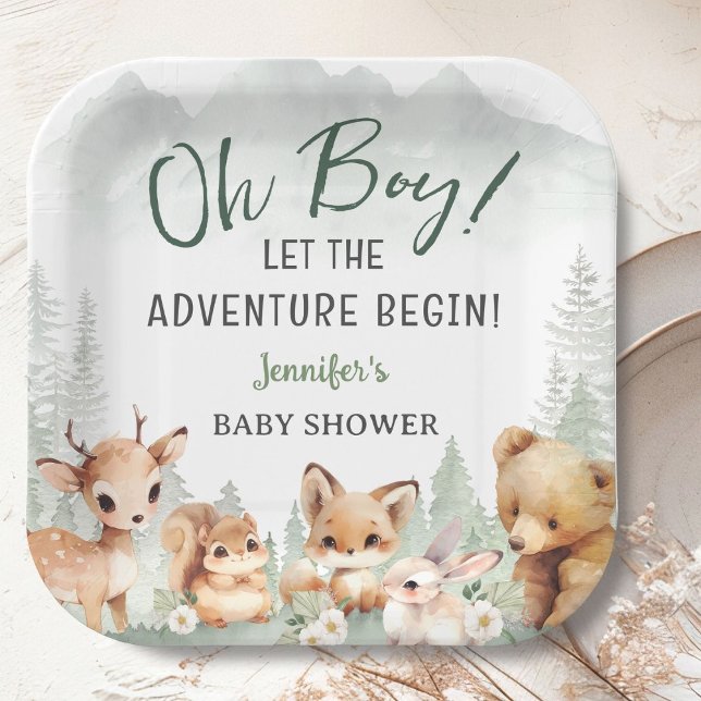 Let The Adventure Begin Boy Woodland Baby Shower Paper Plate (Creator Uploaded)