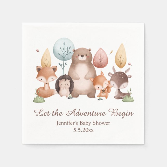 let the adventure begin forest animals baby shower napkin (Front)