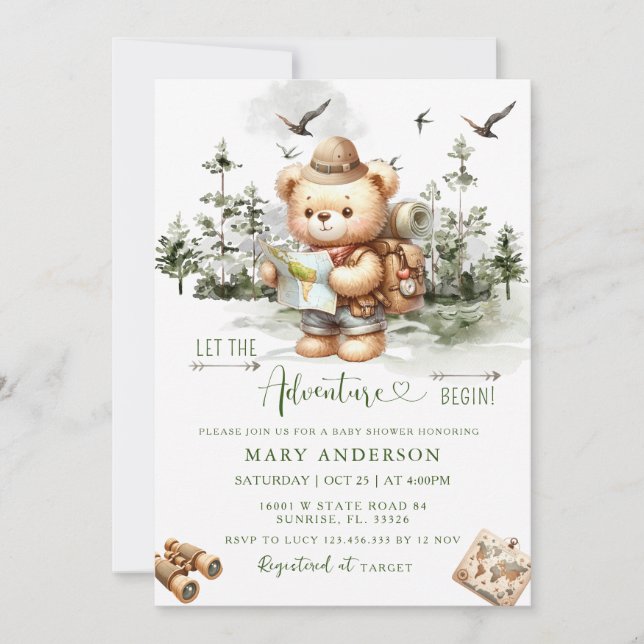 Let The Adventure Begin Forest Bear Baby Shower  Invitation (Front)